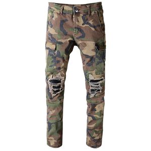 Grande tamanho homens camuflagem patchwork militar jeans moto moto slim encaixar em linha reta exército verde bolsos Cargo Denim calças para homem 201111