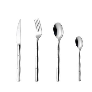 4pcs/set Stainless Steel Honey Ice Spoon Long Tea Spoons Fork knife set Bamboo Pattern Cutlery Mixing Stirring Teaspoon