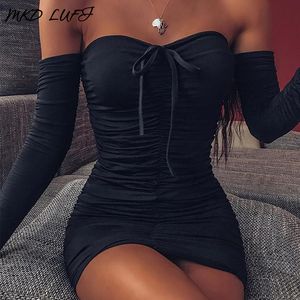 Sexy Off Schulter Schatz Geraffte Mini, Figurbetontes Kleid Frauen Langarm Plissee Nacht Party Club Kurze Kleider Y0118