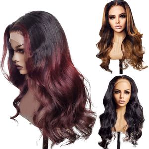 Burgundy 13x4 Lace Front Wigs Body Wave Ombre Virgin Human Hair Brazilian Bleached結び、赤ちゃんの髪で摘み取られた130％150％180％女性のための密度深い波密度