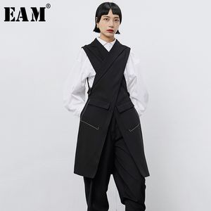 [EAM] Maglia donna nera con croce divisa lunga asimmetrica vestibilità ampia Gilet nuovo con scollo a V senza maniche Moda Primavera Autunno 1B677 201028