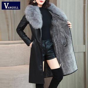 Vangull Women's Leather Jacket for Winter 2020 New Plus Velvet Warm Slim Big Fur Collar Long Leather Coat Female Outerwear M-4XL1