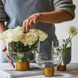 간단한 스타일 아트 황금 투명 유리 꽃병 꽃 냄비 과일 접시 홈 테이블 꽃꽂이 웨딩 장식 물 문화 LJ201208