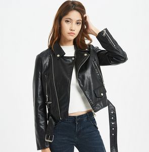 New Autumn Women Pu Leather Jacket Woman Zipper Belt Short Coat Female Black Punk Bomber Faux Leather Outwear
