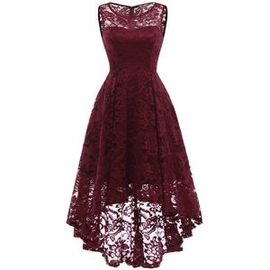 Flattering Sheer Scoop Neck High Low Skirt Asymmetrical Hemline Burgundy Lace Cocktail Dress Dancing Party Dress Evening Gown