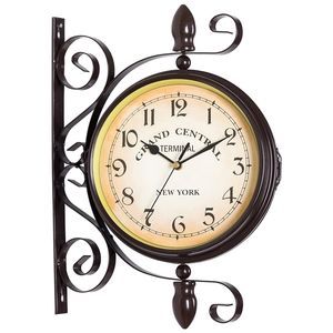 Dwustronny metalowy zegar ścienny Vintage Silent Living Room Podwójne zegary do twarzy Żelazo Bell American Wall Watch Horloge Mural Decor SC254 LJ201204