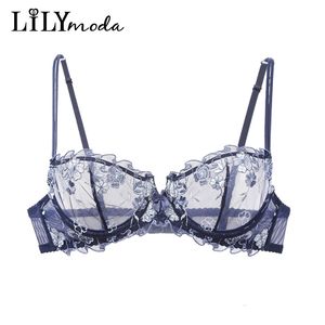 Lilymodaの女性のセクシーな極薄透明の裏地なしブラジャーエロBalconette Demi Lace Embroidery Brassiere女性ランジェリー下着201202