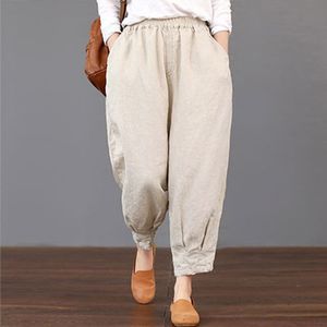 Cotton Linen High Waist Women's Harem Pants Elastic Waist Solid Ankle-length Joggers Trousers Women Summer Vintage Clothes 201113