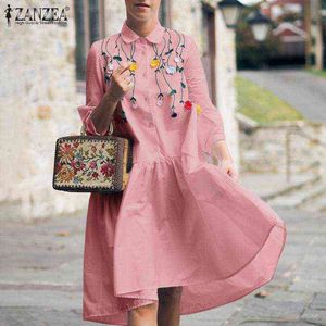 Fahsion Women's Bordony Dress 2021 Primavera Vintage Patchwork Knee Comprimento Dos Vestidos Zanzea Casual Sólido Sólido A-Linha Robe 7 Y220214