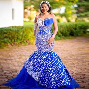 Aso Ebi Afrikanisches Damen-Abschlussballkleid in Königsblau mit herzförmigen Quasten, Pailletten, Spitzenapplikationen, Übergröße, abgestuftes Sweep-Zug-Abendkleid, Vestidos De Novia