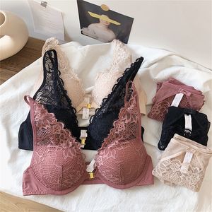 Sexy Backless Bra and Panty Set Lace Front Closure Seamless Push Up Underwear Deep-v Neck Brassiere Briefs Women Lingerie Sets Lj200814