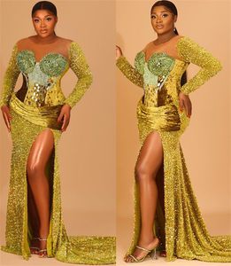 Plus Size Arabic Aso Ebi Gold Mermaid Sparkly Prom Dresses Sequined Lace Evening Formal Party Second Reception Birthday Engagement Gowns Dress Zj662 407