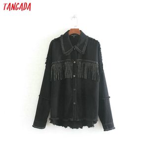 Tangada Kvinnor Fashion Oversized Black Jackets Tassels Pojkvän Style Slå ner Krage Coat Ladies Streetwear Topps CE460 201023