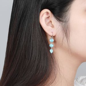 Natural Precious Larimar Long Earrings for Women New Simple Fashion Geometric Charm 925 Sterling Silver Jewelry Gift Classic