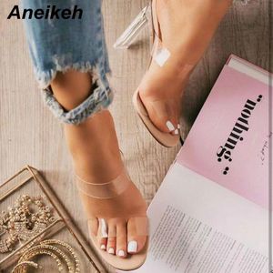 Aneikeh Sexy Slipper Slip On Thin Heels Slides PVC Gelee Hausschuhe Offene spitze High Heels Kristall Frauen Frauen Transparente Ferse schuhe X1020