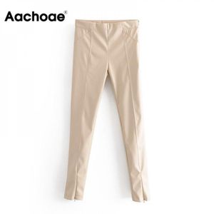 AACHOAE Kadınlar Şık PU Faux Deri Streç Pantolon Katı Yüksek Bel Bayanlar Kalem Pantolon Tam Boy Streetwear Altları 201109
