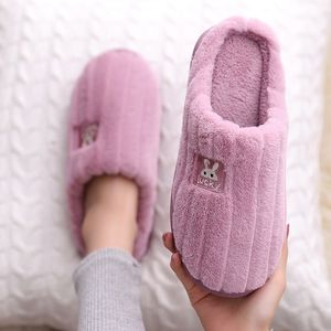 Winter Slippers Women Rabbit Fur Plush Slippers for Girls Simple Stripes Home Shoes Soft Cozy Zapatillas Casa Mujer Lucky Y201026 GAI GAI GAI