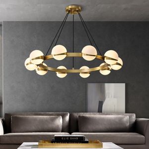 Art Deco Cobre Chandelier Lâmpadas Iluminação Opala Bola de Vidro Suspenso Luminária Luminária Cozinha Quarto Dinning Luxo Luminária Nórdica