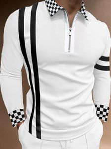 Fashion Patchwork Striped Long Sleeve Tops Male Casual Zip-up Turn-down Collar Polo Shirts Vintage Casual Men'sslim Pol 220308
