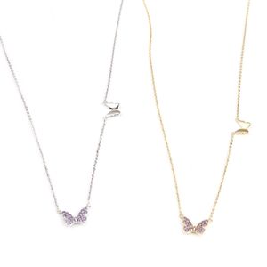 Doreen Box 925 Sterling Silver Insect Necklace Gold Color Butterfly Purple Rhinestone Micro Pave 41cm Long 1 Q0531