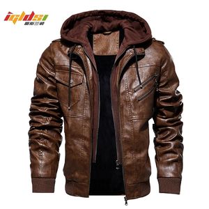 Männer Winter Warme Fleece Jacken und Mäntel Herbst Männer Hut Abnehmbare Lederjacken Outwear Motorrad Lederjacke M-4XL 201119