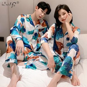 Пара Silk Satin Pajamas Pajamas Pajamas набор с длинным рукавом спящая одежда Pijama Homewear Женщины и мужчина Спать 2 шт. Комплект Loungewear Plus Размер PJS T200707