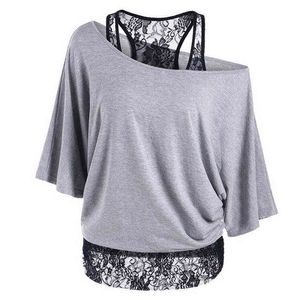 BigSweety Primavera Outono Mulheres Tshirt Fashion Lace Retalhos Básicos T-shirts Casuais Loose T Camisas Batwing Sleeve Tops Femme G220228