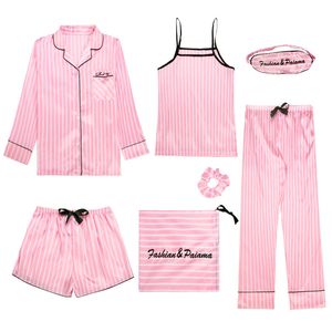 Neue Rosa Frauen 7 Stück Pyjamas Sets Sommer Emulation Seide Gestreiften Pyjama Frauen Nachtwäsche Sets Frühling Herbst Homewear 201113
