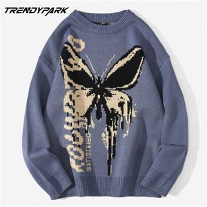 Hip Hop Knitwear Mens tröjor Harajuku Fashion Fjäril Male Loose Tops Casual Streetwear Pullover Sweaters 220108