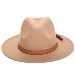 Höst Vinter Sun Hat Kvinnor Män Fedora Klassisk brett Brim Felt Floppy Cloche Cap Chapeau Imitation Wool L XL 211227