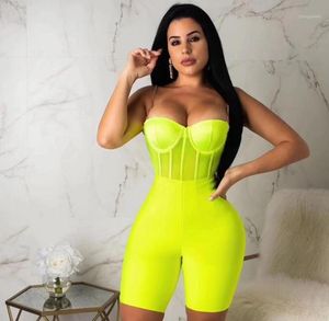 Kvinnors Jumpsuits Rompar Kvinnor Sommar Rayon Bandage Playsuits 2021 Sexig Ärmlös Svart Gul Designer Romper