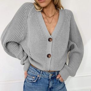 Женская шерстяная смесь женщин сплошной повседневный свитер негабаритные V шеи трикотажные кардиганы 2021 осень-кнопка женское пальто