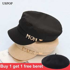 USPOP 여름 모자 Newsboy Cap 편지 평면 바이저 모자 빈티지 군사 모자 코튼 팔각형 모자 201013