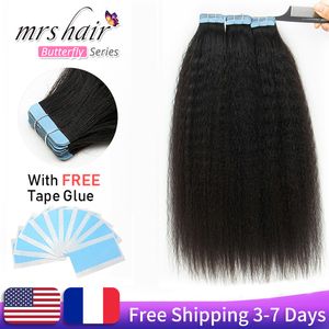 MRSHAIR Kinky Straight curly Tape in Human Hair Extensions yaki straight skin weft for Black Women 40pcs 1b# on Sale