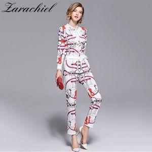 2019 Fashion Chain Printed Suit Set 2 Piece Bow Collar Full Sleeve T-shirt Topp + Bälte Penna Byxor Satser för Kvinnor Runway Twinets T200702