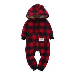 kid boy girl Long Sleeve Hooded Fleece jumpsuit overalls red plaid Newborn baby winter clothes unisex new born costume 2020 LJ201023