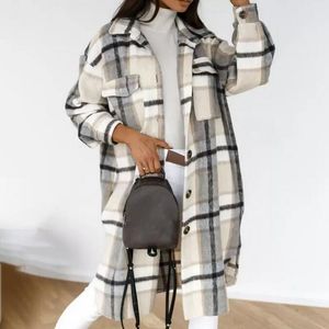 Women's Wool & Blends 2021 Autumn Women Shirt Coat Fashion Plaid Printed Turn Down Collar Long Casual Single-Breasted Winter Female Overcoat