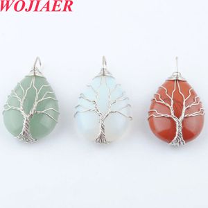 Wojiaer Natural Stone Pendants Silver-Color Tree of Life Wire Wrapped Water Drop Shape For Women Men Necklace Jewelry Bo912