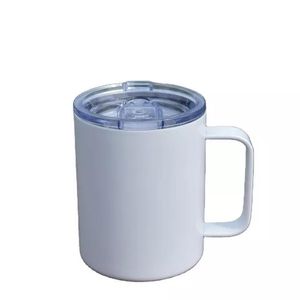 10oz sublimation seamless coffee mug with lid straw stainless steel blank white camping cup sublimated Vacuum Insulated Drinking tumbler with handle 25pcs/case