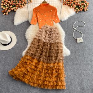 Autumn Winter Christmas Two Piece Dress Knitted Sets Beading Stand Collar Short Sleeve Top + Ball Gown Skirt Woman Sets Suits 2022