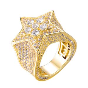 Hip Hop Full CZ Cubic Zircon Charm Iced Out Bling Tready Star Copper Zircon Ring For Men Women Jewelry Gold