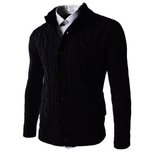 Men Cardigan Sweaters Slim Long Sleeve Stand Collar Cable Knitted Button Rib Sweater