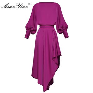 Moaayina Fashion Designer Suit Spring Summer Women Lantern Sleeve Loose Tops+ Asymmetrical Skirt Two-piece Set 201130