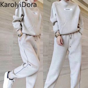 Women's sets autumn winter Woolen and Cashmere Knitted warm Suit O collar Sweater + Harem pants loose style two-piece sets LJ201120