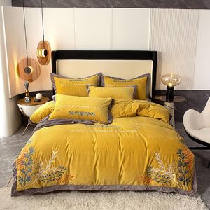 寝具セット黄色いフリース絨毛厚い暖かさ冬セット羽毛布団カバーベッドリネンフィットシートピローケースホームテキスタイル