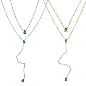 Chokers Selling European Fashion Women Jewelry Green Tear Drop 5A CZ Y Shape Lariat Gold Color Chain Multi Layer Long Necklace1