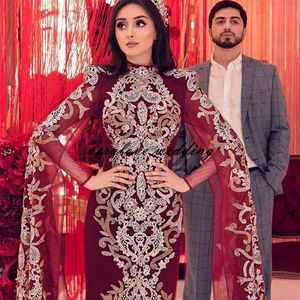 Red Wedding Dress High Neck Lace Appliques Long Sleeves Kaftan Bridal Gowns Sweep Train Muslim Formal Party Gowns