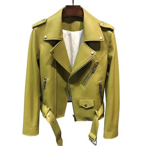 Новые моды женщины осень конфеты цвет кожаные куртки молнию базовые овчины пальто отлошают воротник байкер с поясом 201030