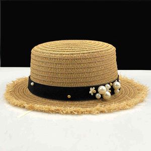 Hot Lady Boater Sun Caps Ribbon Round Flat Top Girls Straw Beach Hat Panama Hat Summer Hats For Women Straw Hat Snapback Gorras G220301