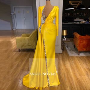 ANGEL NOVIAS Abito da sera arabo giallo a maniche lunghe 2020 Abiti formali 2021 vestido sirena largo LJ201123